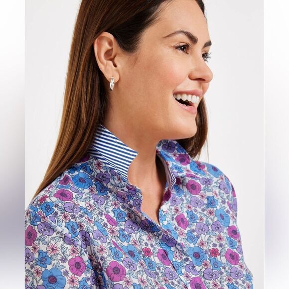 TALBOTS L White Blue Purple Poppy Ditsy Long Sleeve Modern Classic Cotton Shirt - Picture 2 of 15